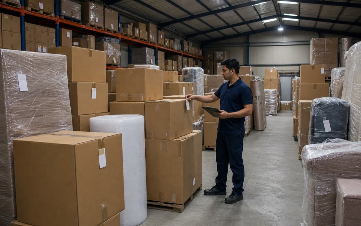 Packed boxes arranged in a clean storage warehouse for relocation support