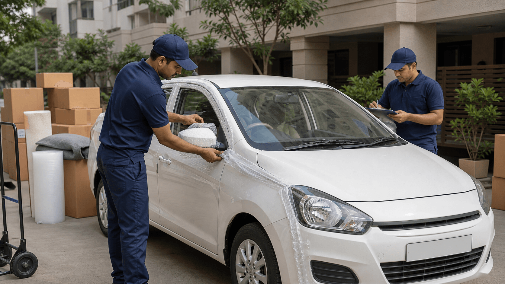 Movers preparing a car for transport during relocation