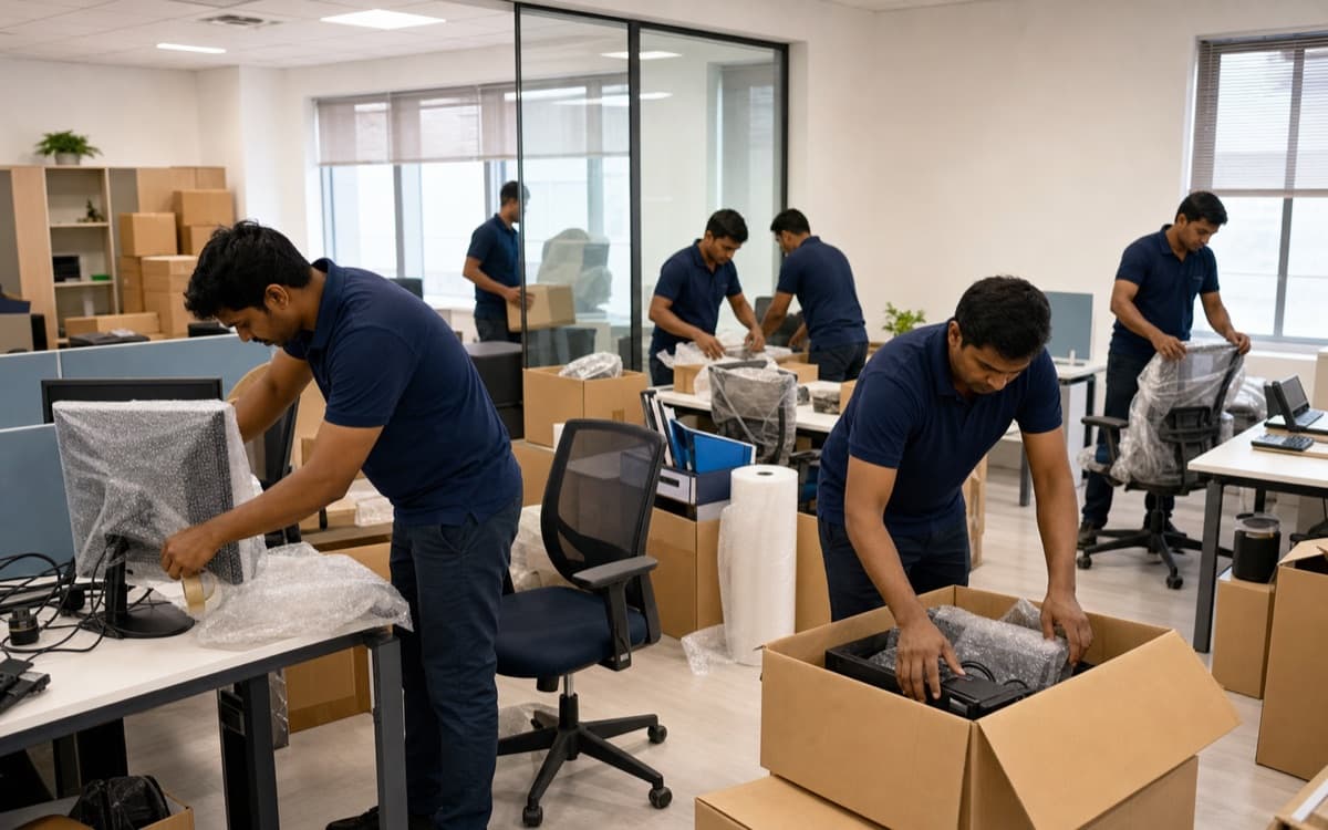 Office shifting team packing monitors files and chairs