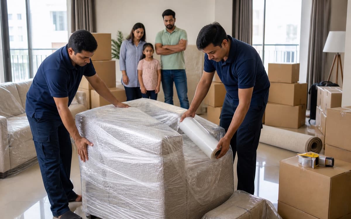 Professional packers wrapping household furniture in a Delhi apartment