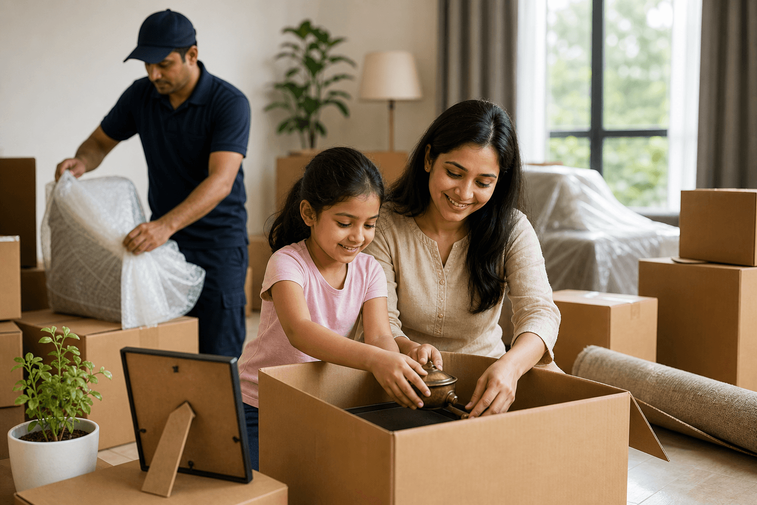 Family packing memories carefully during home relocation